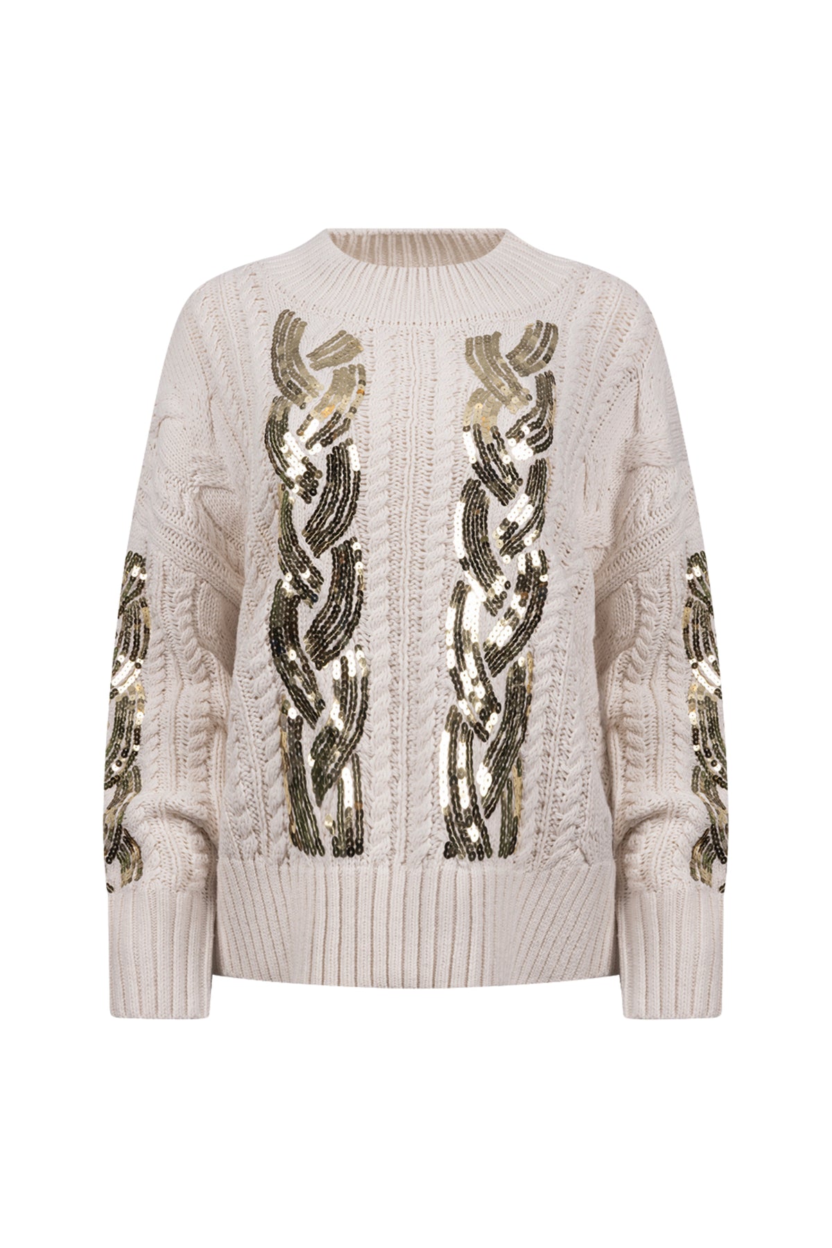 Lichte offwhite trui Megan Paillet van Nukus, zachte textuur en opvallende pailjette details, gedragen door een model.