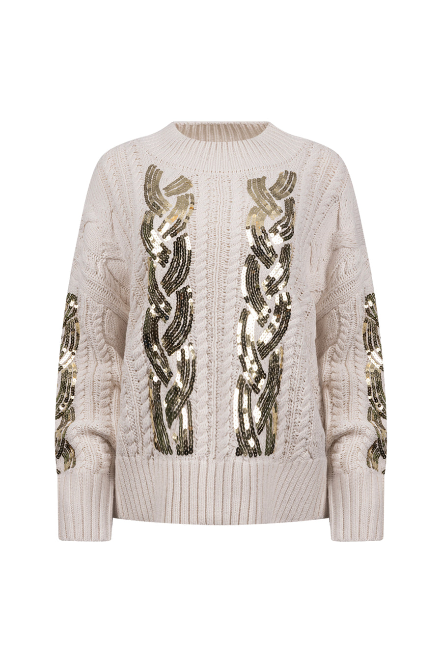 Lichte offwhite trui Megan Paillet van Nukus, zachte textuur en opvallende pailjette details, gedragen door een model.