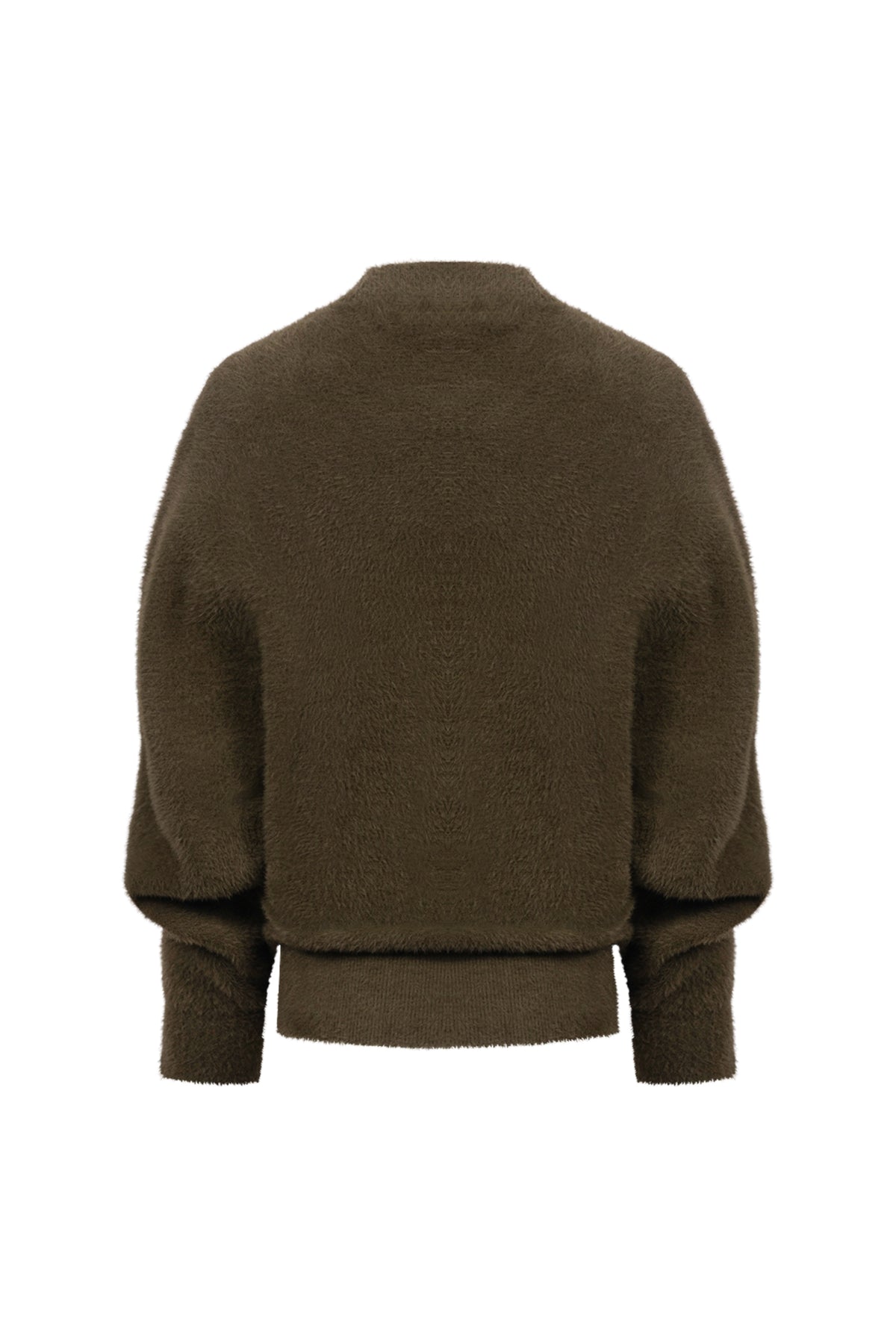 Zwarte Nukus Beau Wrap Moss trui met elegante pasvorm en ronde hals, gedragen door een model op een neutrale achtergrond.