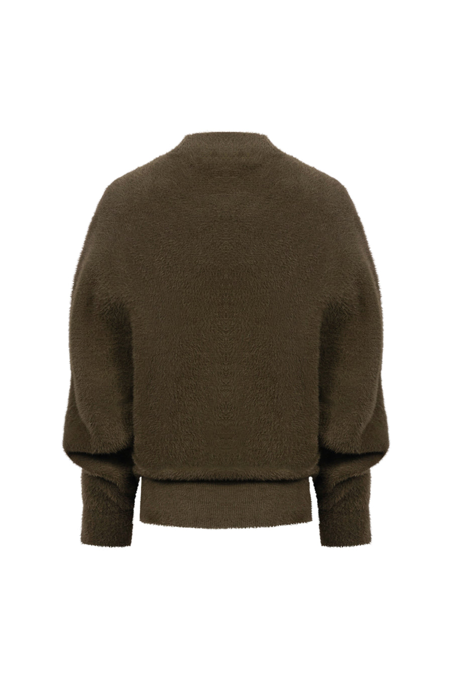 Zwarte Nukus Beau Wrap Moss trui met elegante pasvorm en ronde hals, gedragen door een model op een neutrale achtergrond.