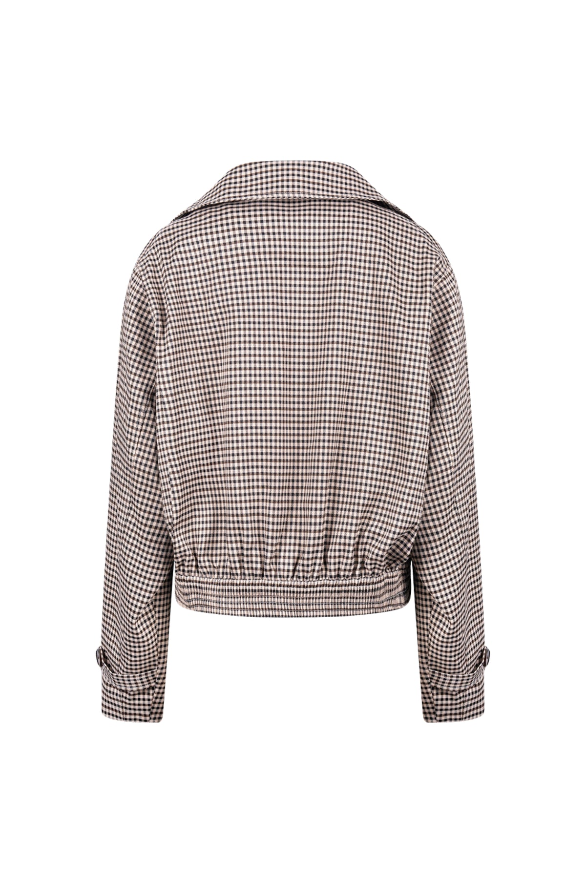 Nukus Dahlia Check Sand chocolade jas met ruitpatroon, stijlvolle en warme winterjas voor dames, getoond in de afbeelding.