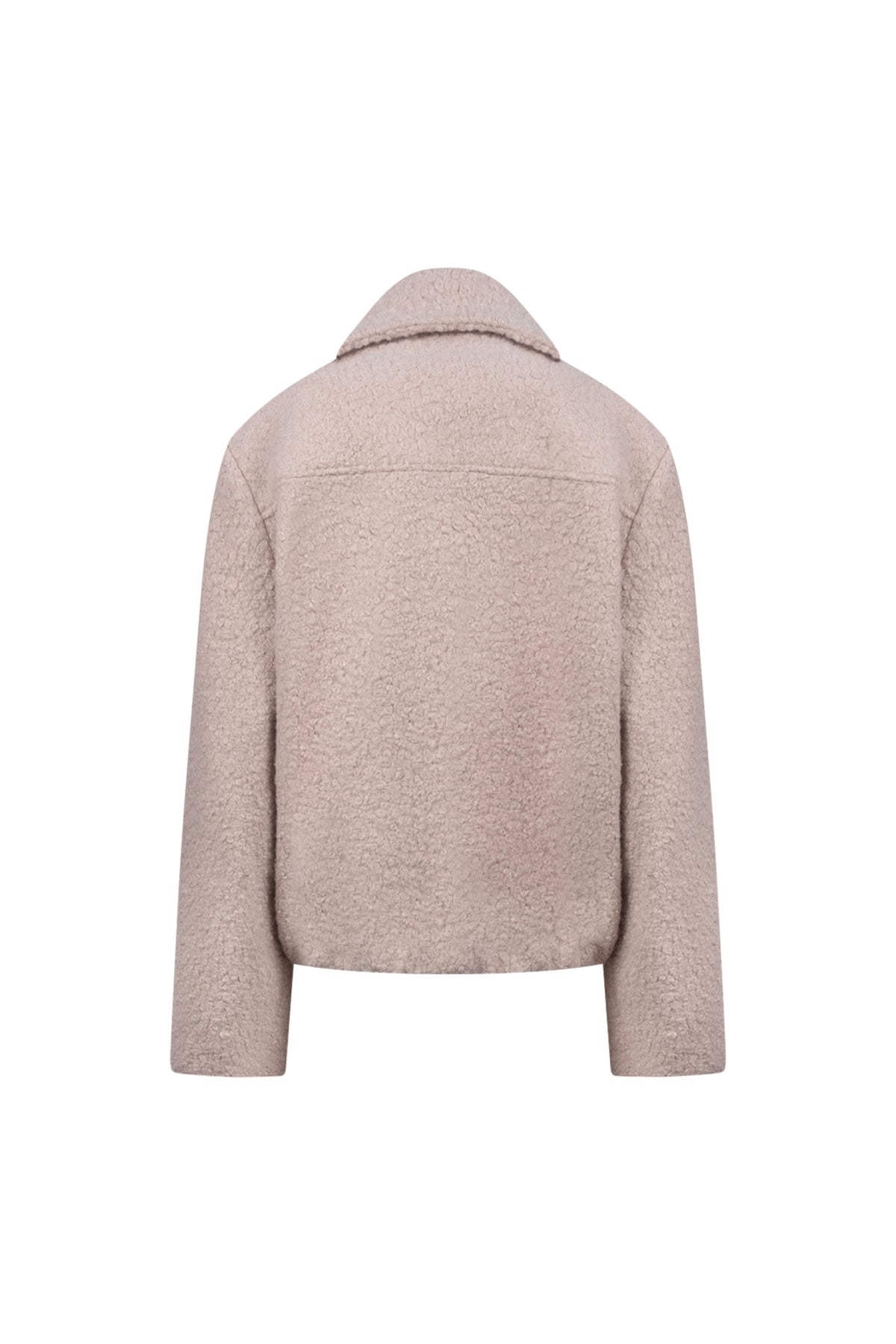Nukus Madelin Bouclé Sand jas met kraag en knopen, stijlvolle damesjas in zandkleur, casual en elegant design.