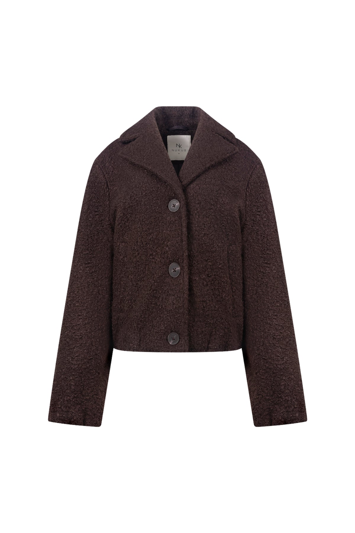 Donkerbruine boucle jas van Nukus Madelin Boucle, stijlvolle heren- of damesjacket met knopen en comfortabele pasvorm.