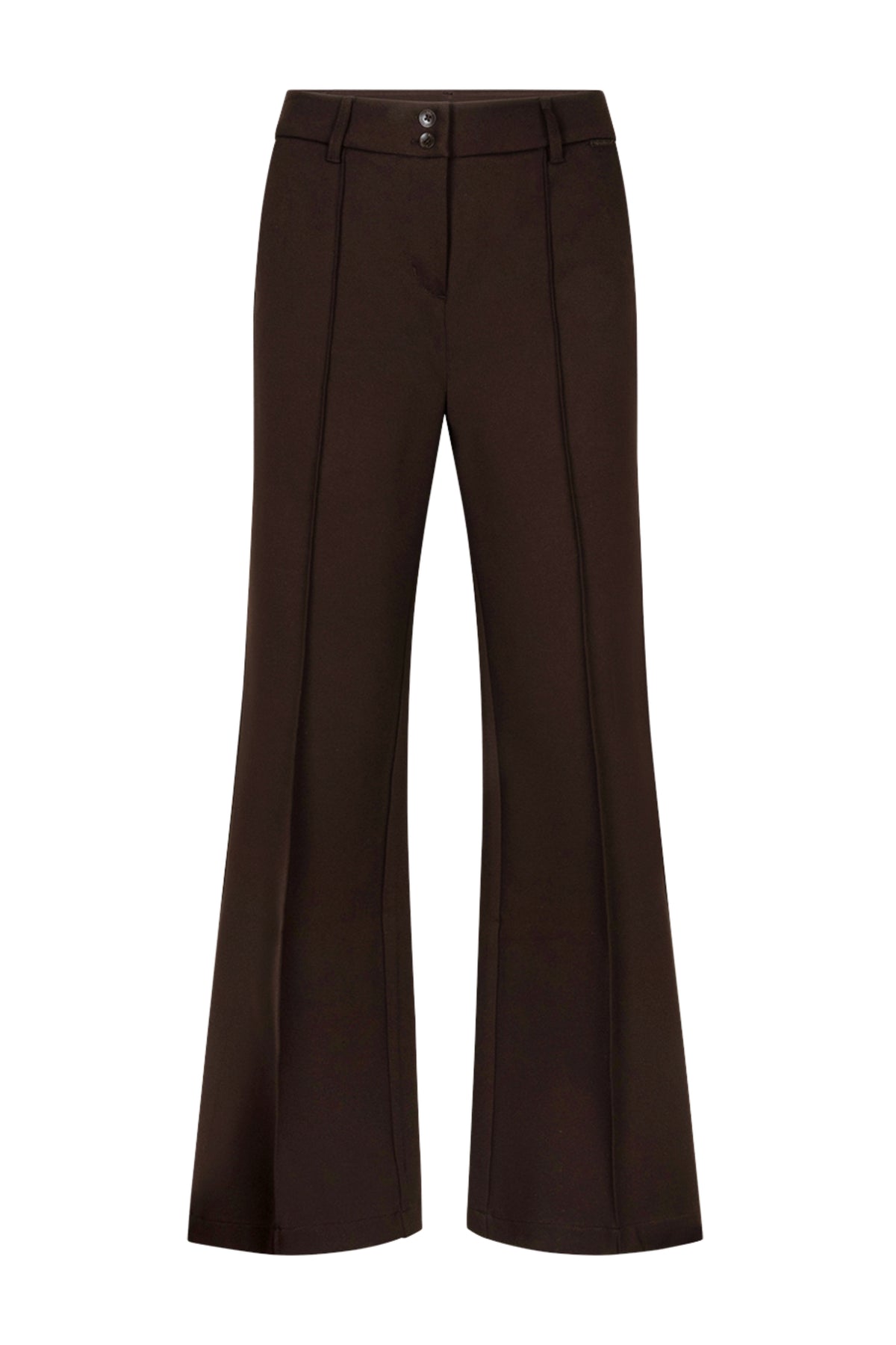 Bruine broek Brielle Punta van Red Button, casual stijl met verstelbare tailleband en rechte pijpen, close-up van de stof en pasvorm.