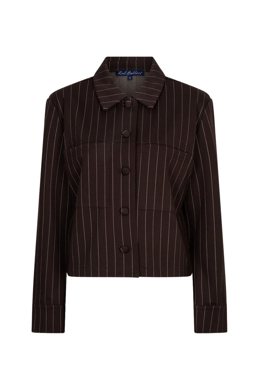 Espressogekleurde Red Button Punta Pinstripe jas met blauwe streepdetails en kraag, gedragen door een model.