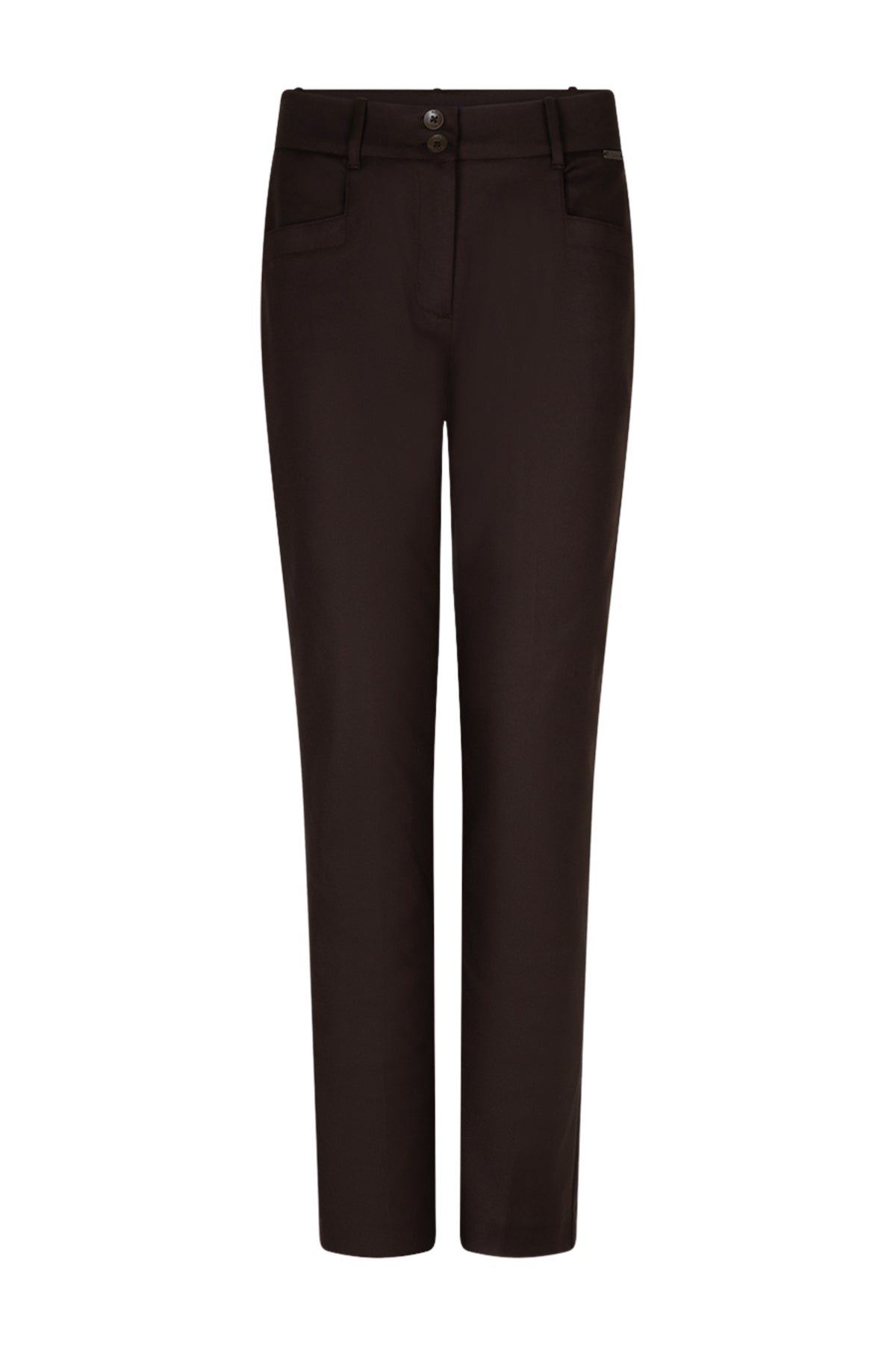 Lichtbruine broek Diana Smart van Red Button, met rechte snit en elastische taille, gedragen door een model.
