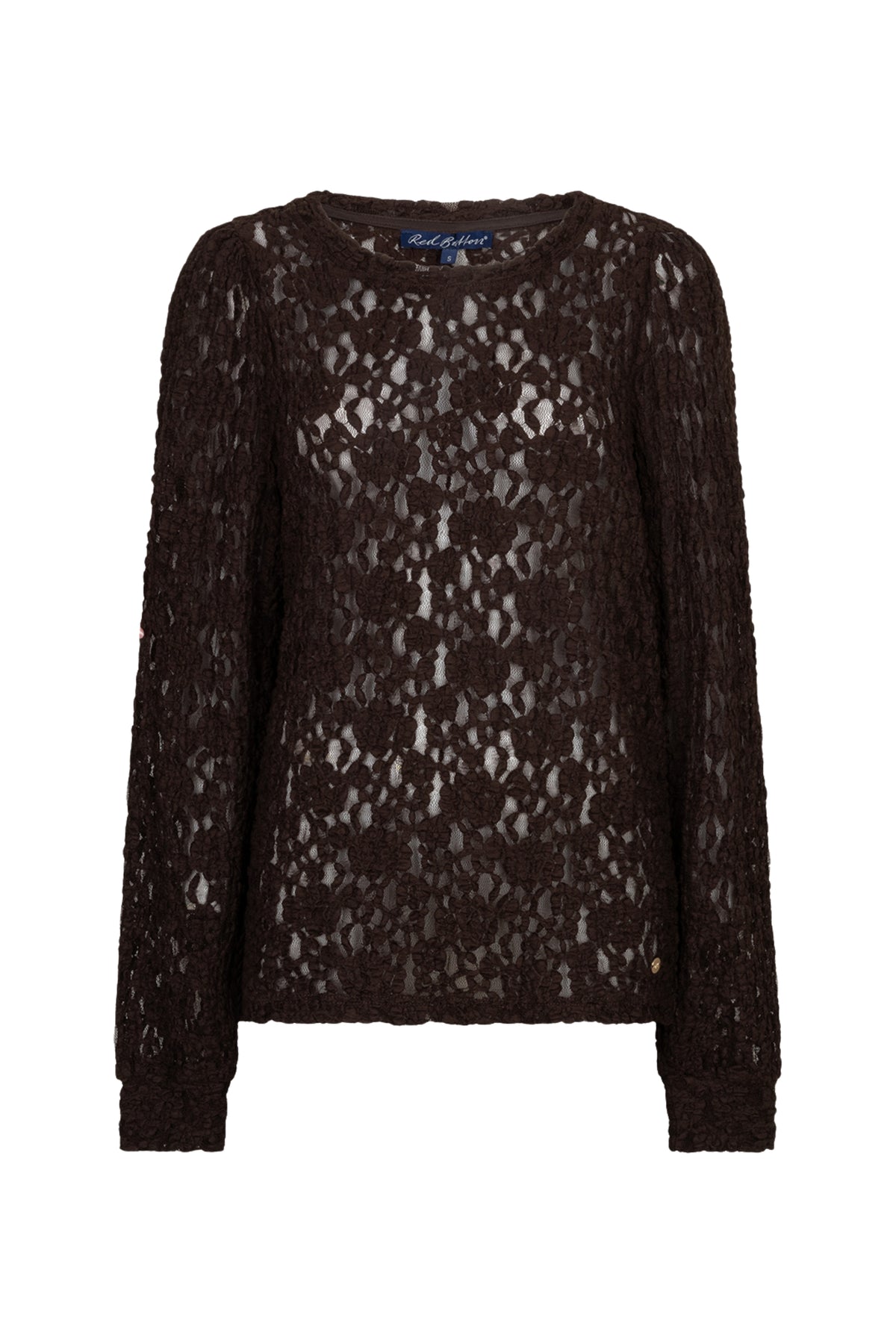 Linnen top Lace Espresso van Red Button met kanten details en lange mouwen, gedragen door een model.