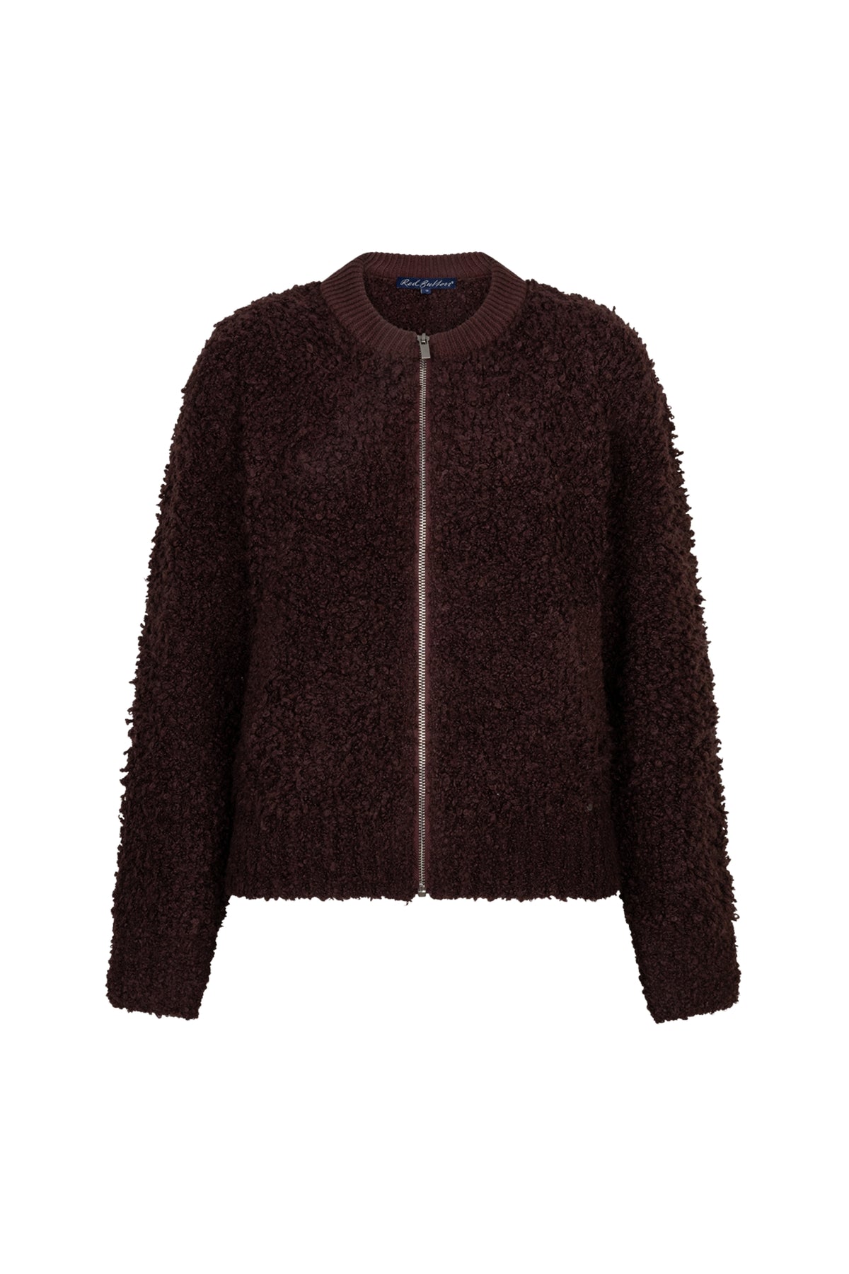 Donkerrode bomber knit boucle jas van Red Button, close-up van de textuur en details van de jas.