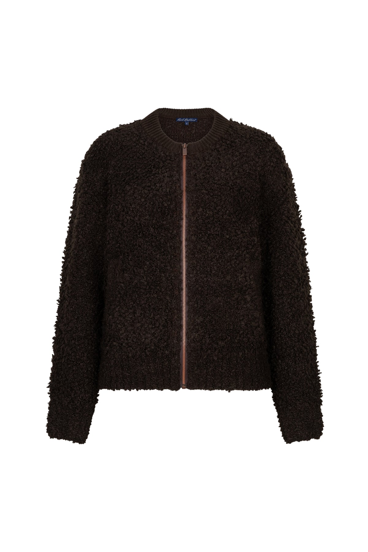 Bomber knit boucle jas in espresso kleur van Red Button, met een stijlvolle, gebreide textuur en klassieke snit.