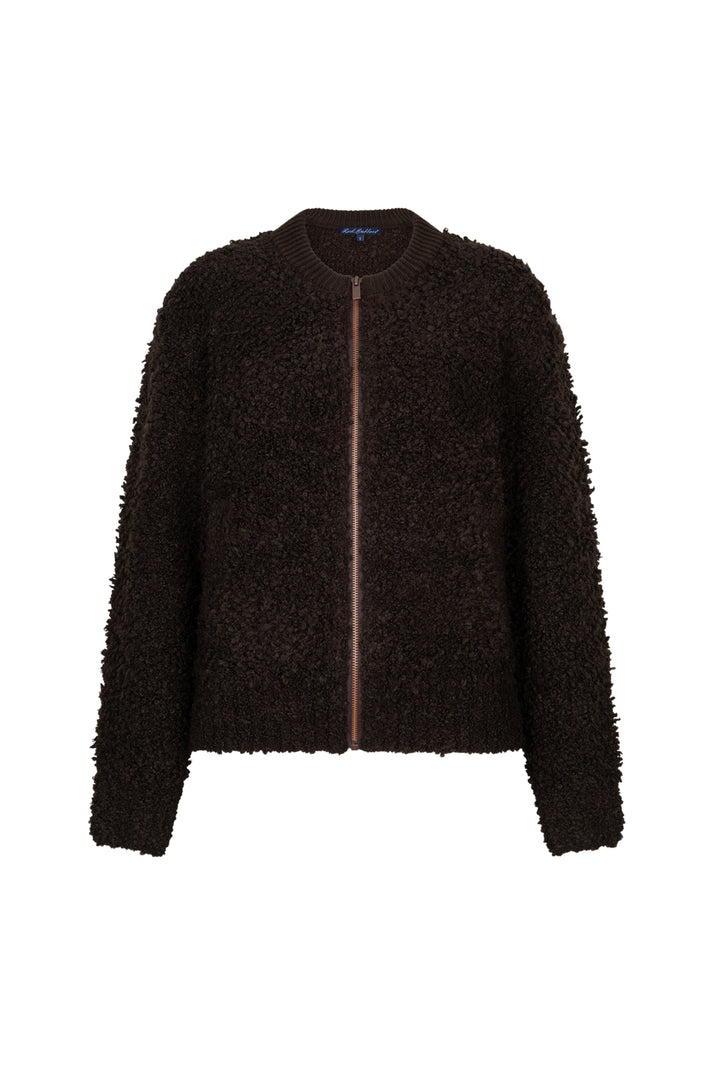 Bomber knit boucle jas in espresso kleur van Red Button, met een stijlvolle, gebreide textuur en klassieke snit.