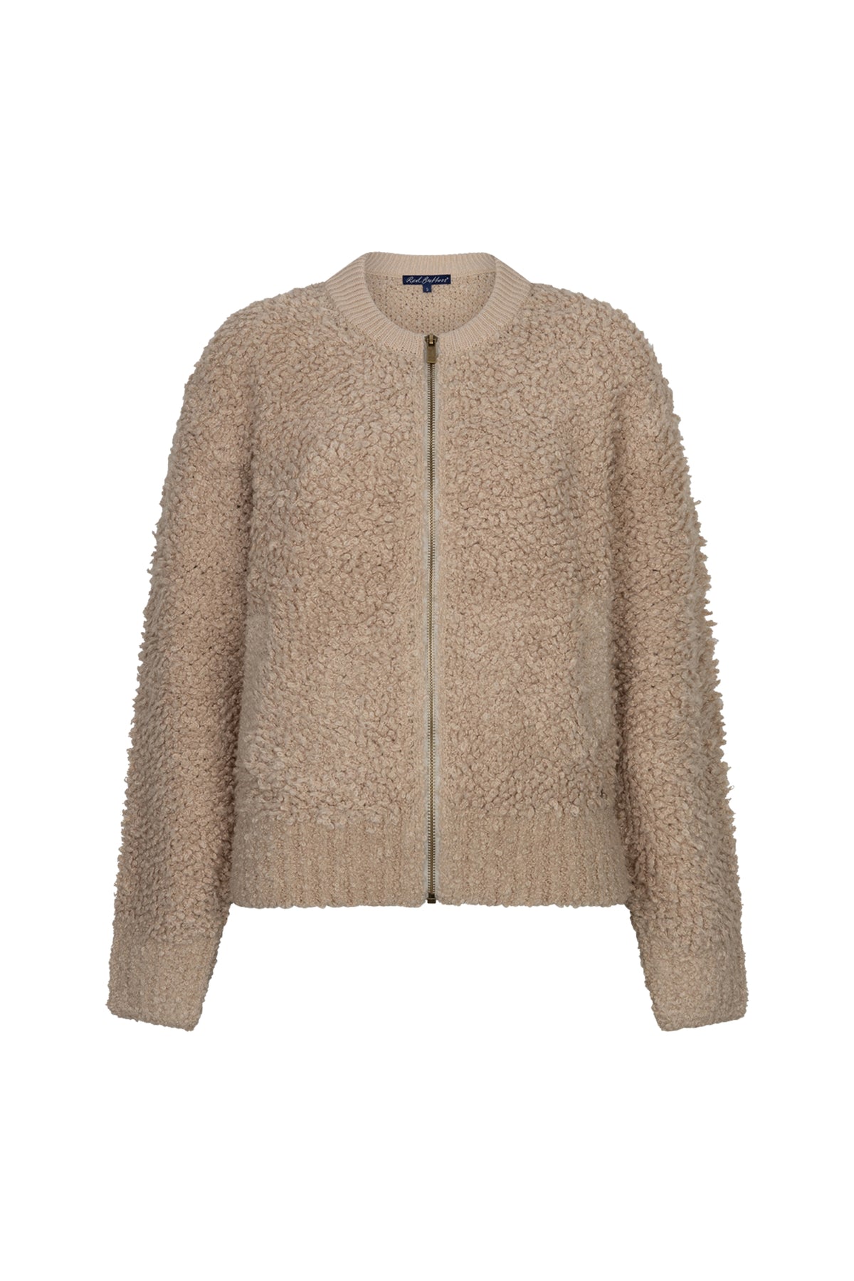 Lichtbruine bomber jas van gebreide boucle stof van Red Button, stijlvolle en comfortabele dames mode.