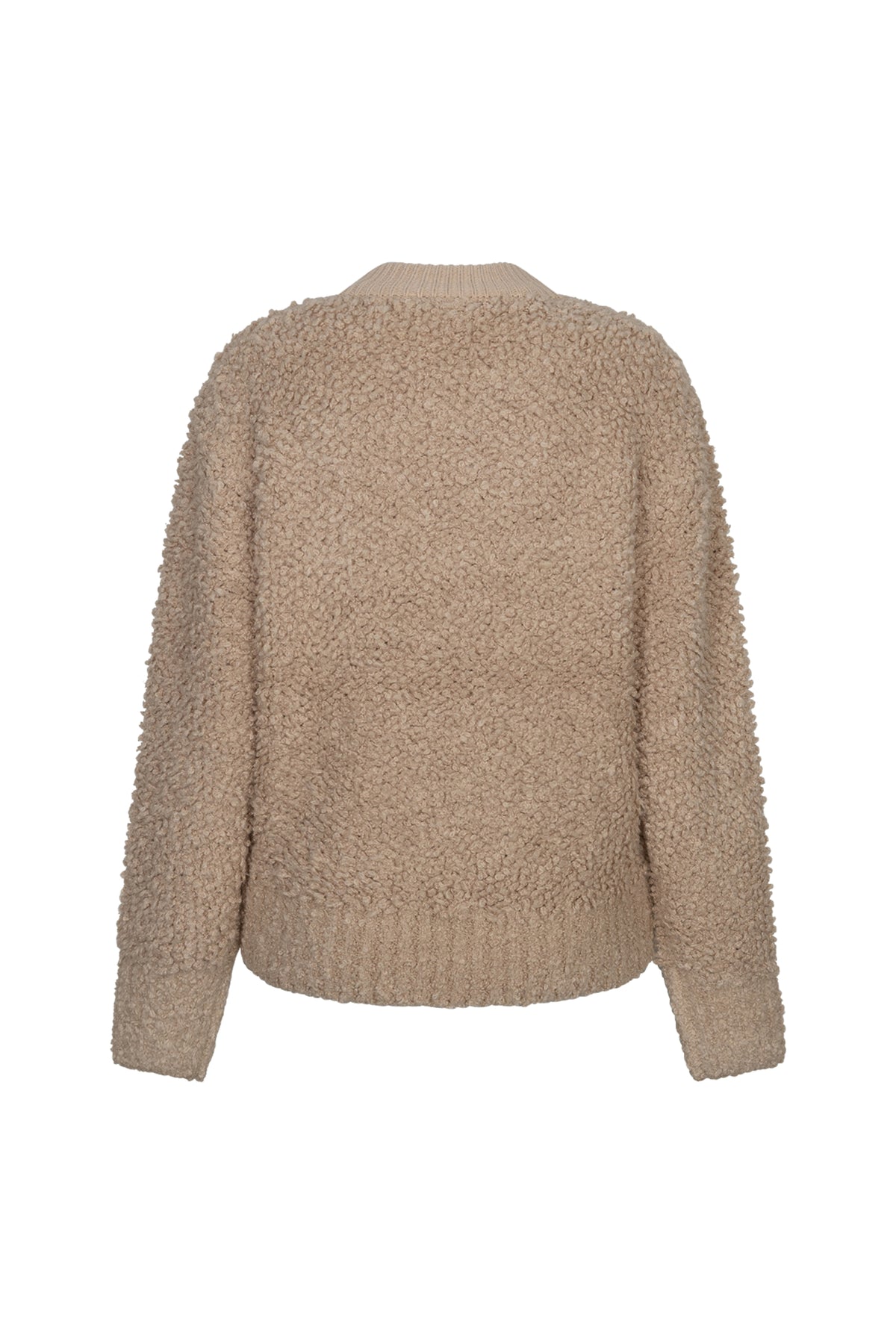 Lichte beige bomber knit boucle jas van Red Button met ronde hals en fijne textuur, gedragen door model.