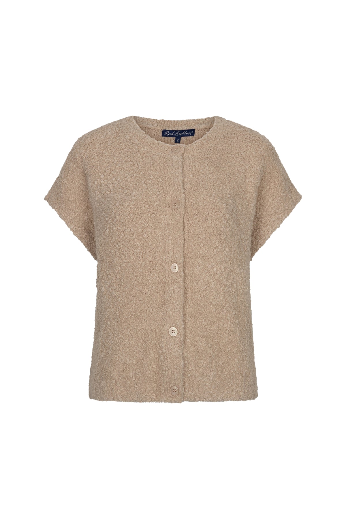 Zonder mouwen gebreide top van boucle in latte kleur, van Red Button, gedragen door een model op de foto.