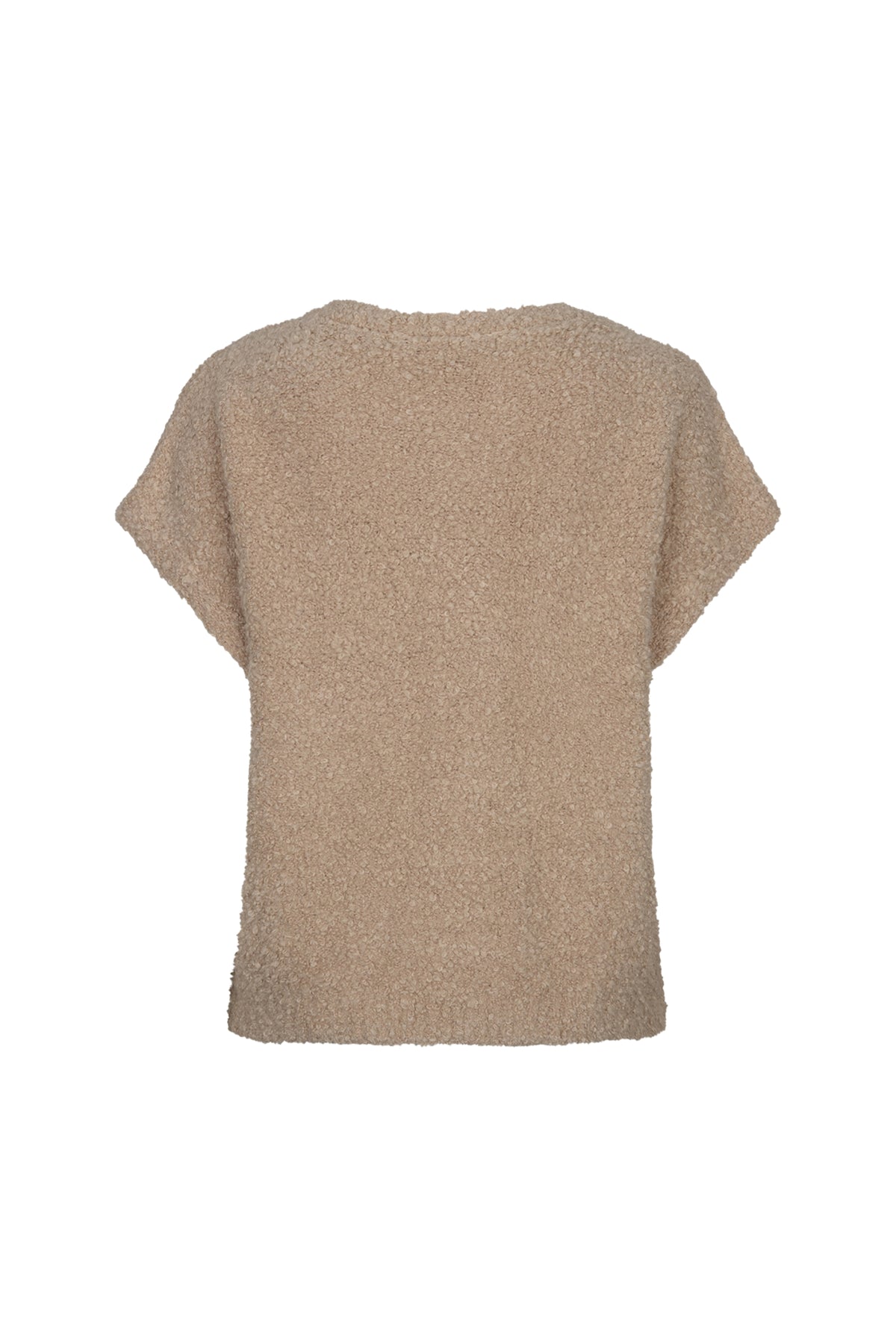 Zwart mouwloos gebreid boucle top van Red Button met latte kleur en losse pasvorm, zichtbaar op model.