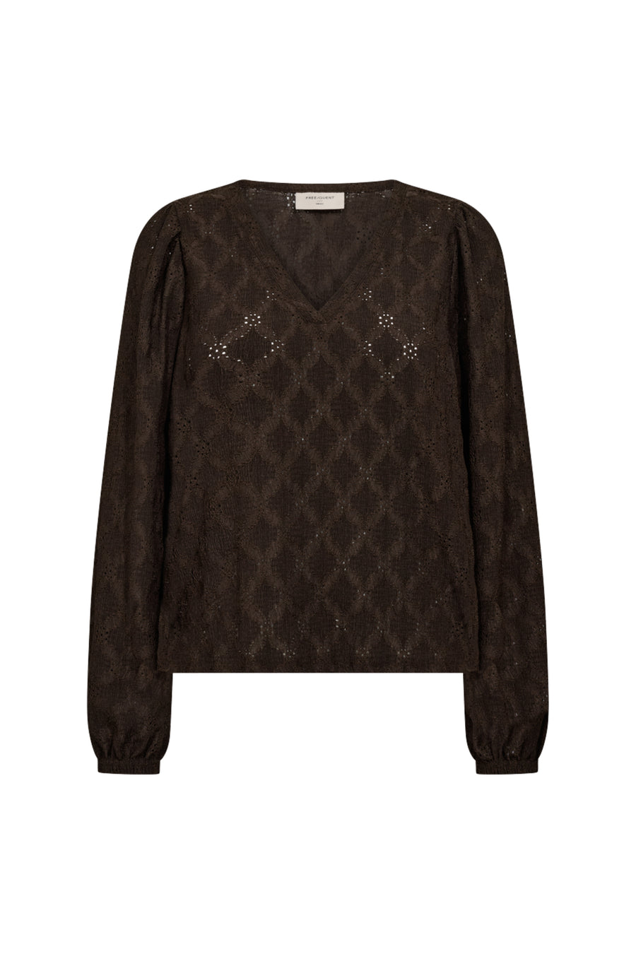 Blouse Fqeskiona Mole van Freequent, lichtbruin met korte mouwen en losse pasvorm, hangend aan een kledinghanger.
