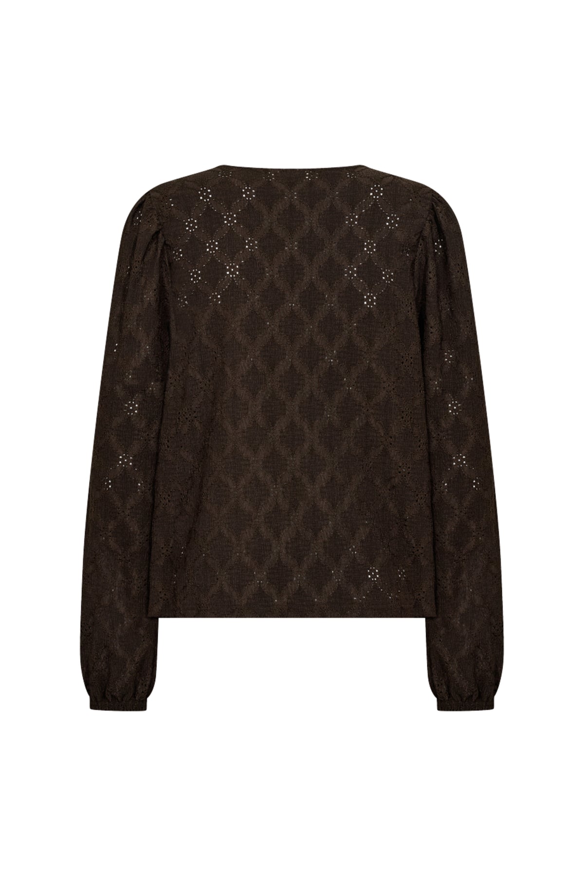 Blouse Fqeskiona Mole van Freequent, lichtbruine blouse met V-hals en lange mouwen, getoond op een model.