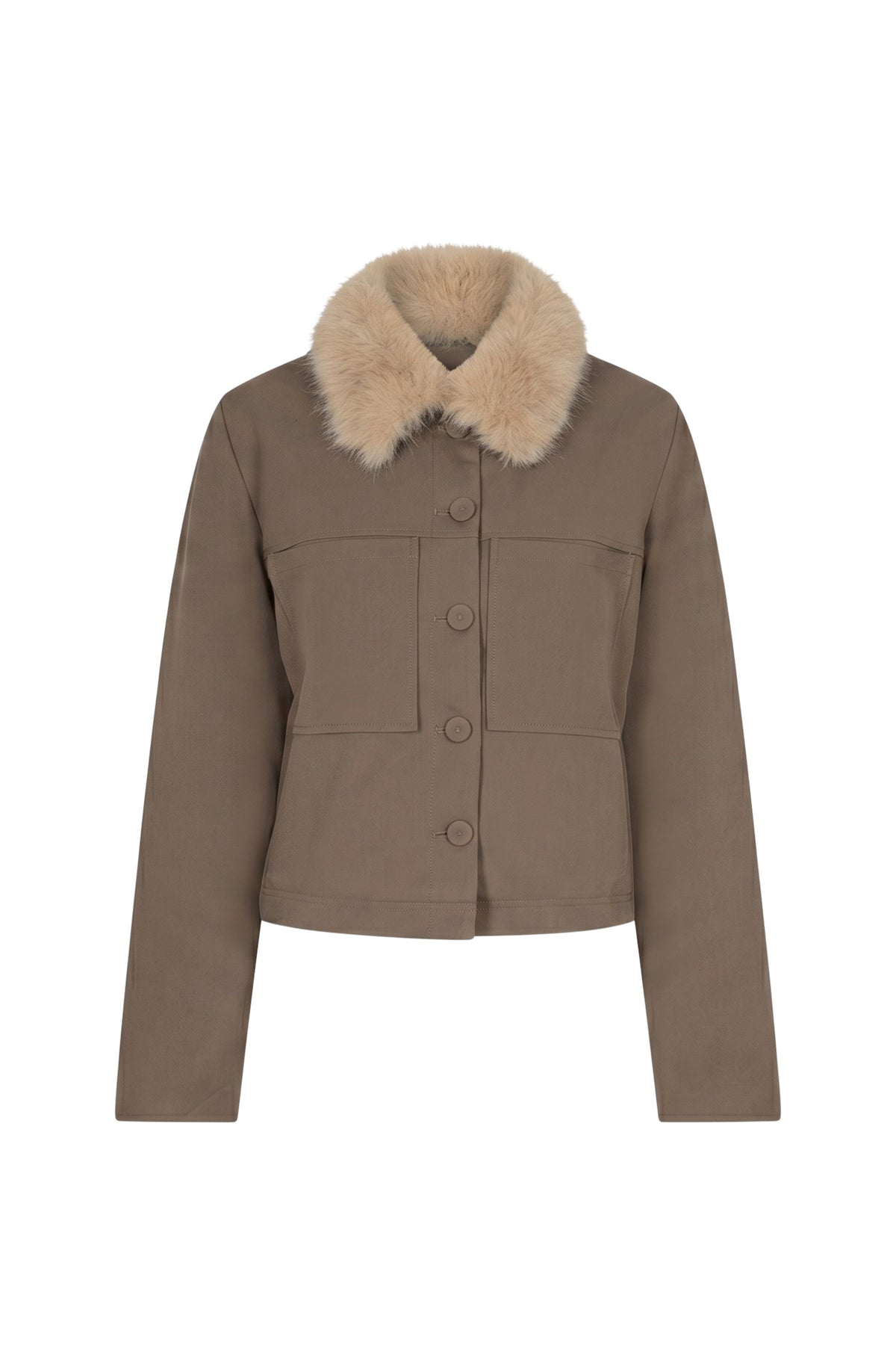 Lichte truffelbruine jas van Red Button met bontkraag en ritssluiting, modieus en warm voor herfst en winter.
