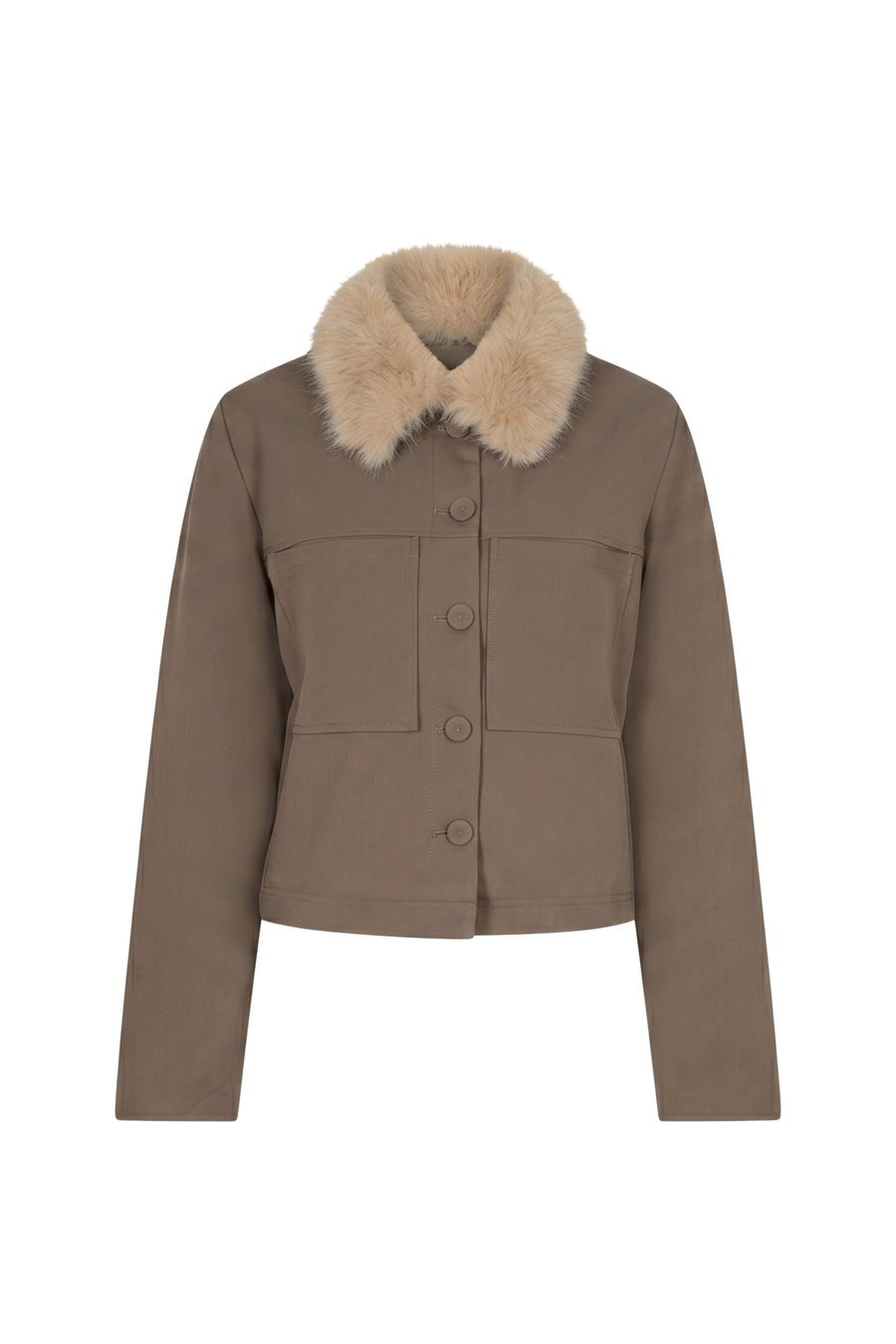 Lichte truffelbruine jas van Red Button met bontkraag en ritssluiting, modieus en warm voor herfst en winter.