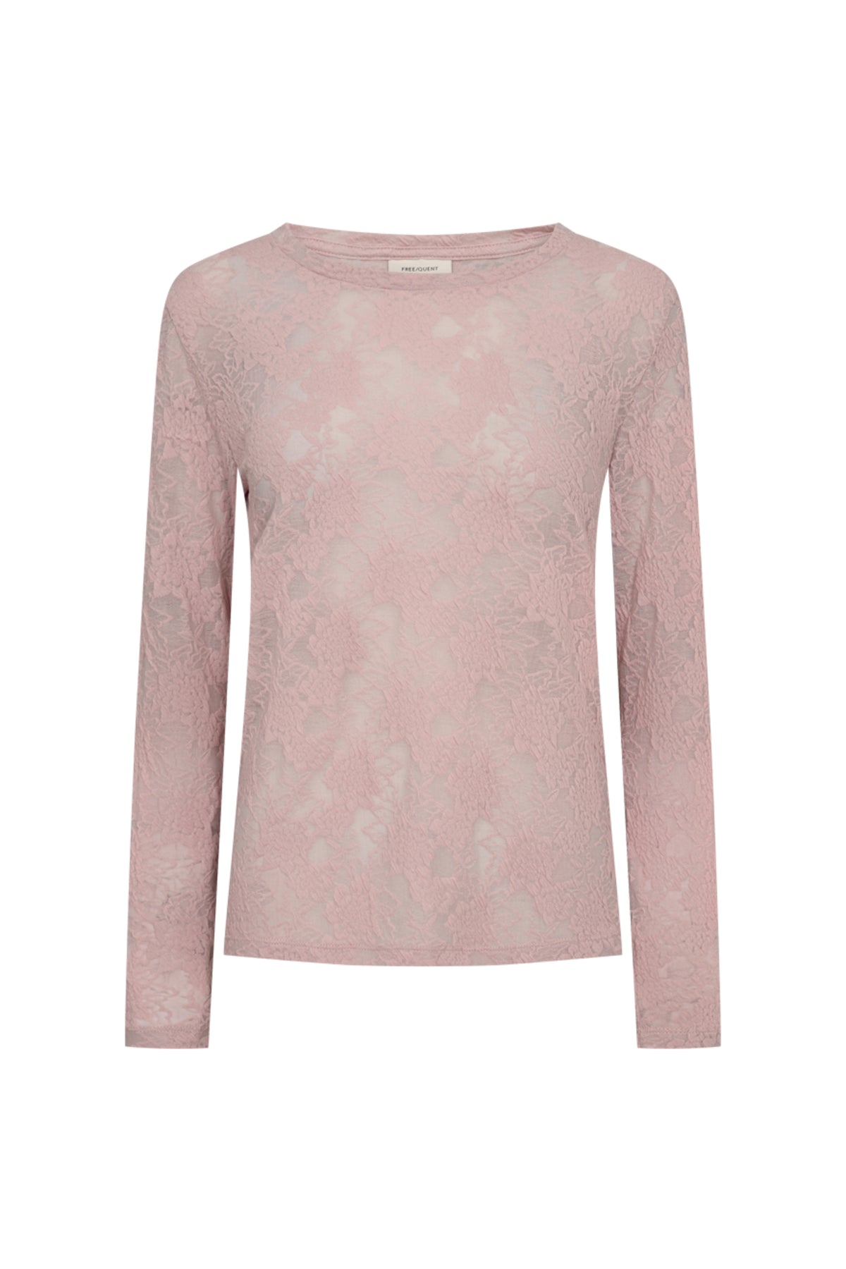 Lichtpaarse top van Freequent, Fqesvia Pale Mauve, met zachte stoffen en ronde hals, gedragen door model.
