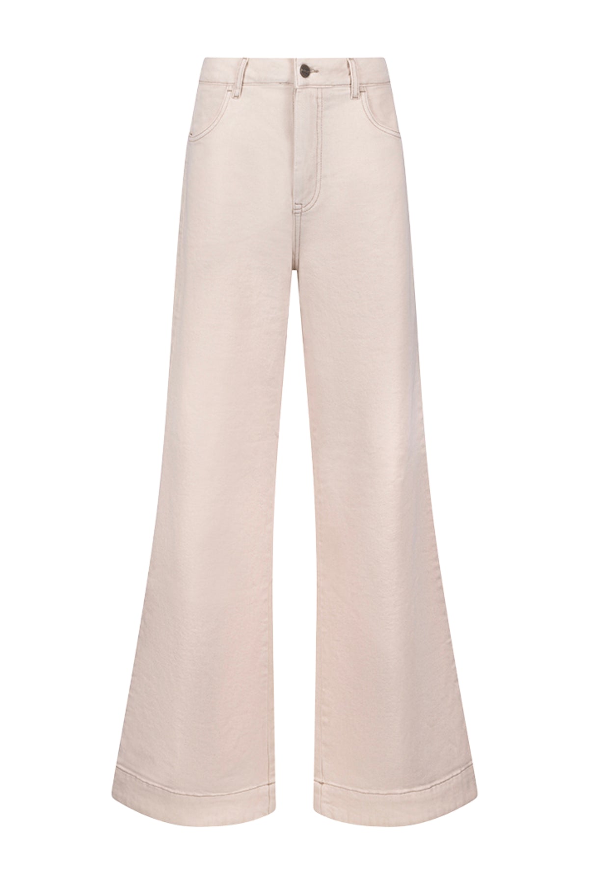 Lichte offwhite jeans Abby van Nukus met rechte snit en klassieke details, getoond op een mannequin.