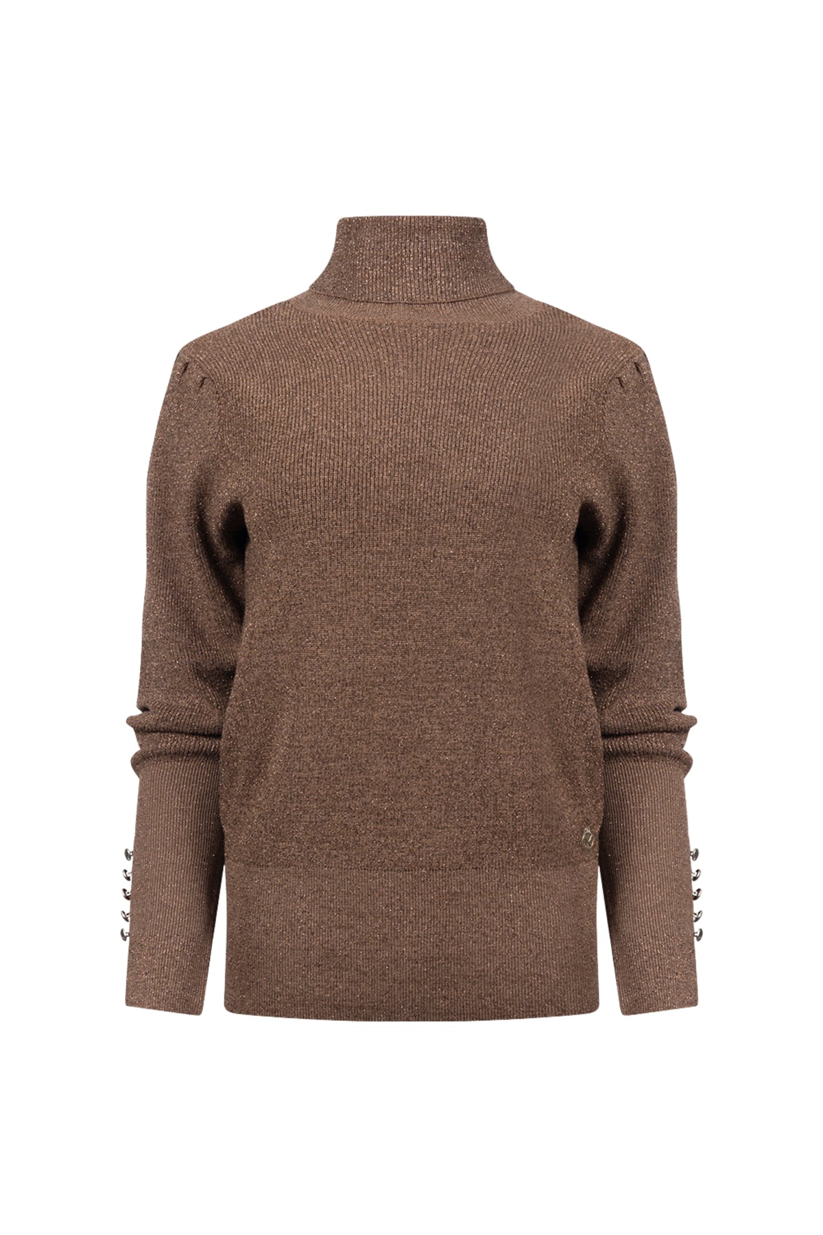 Lurex trui Sylvia van Nukus in taupe met glanzende afwerking en ronde hals, gedragen door een model.
