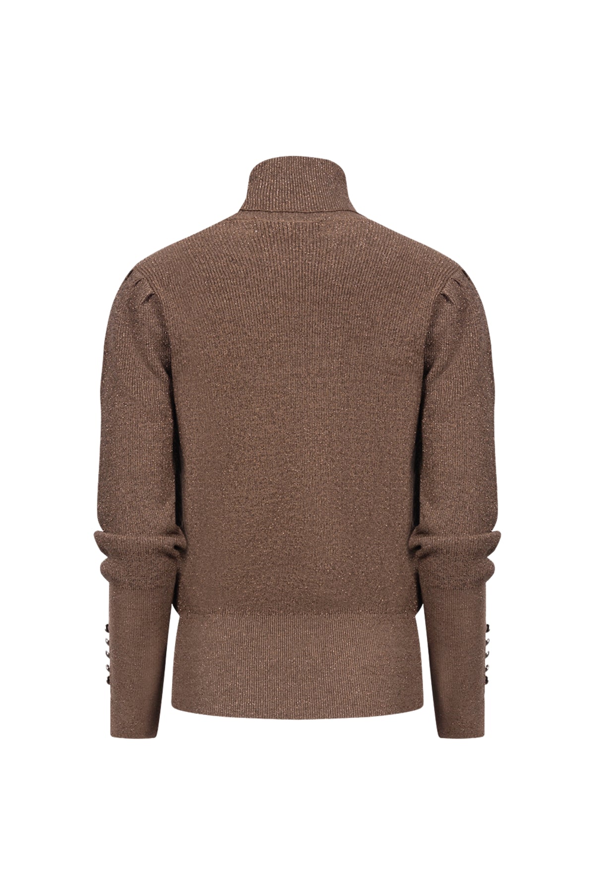 Taupe Nukus Sylvia Lurex trui met glanzende afwerking en ronde hals, gedragen door een model.