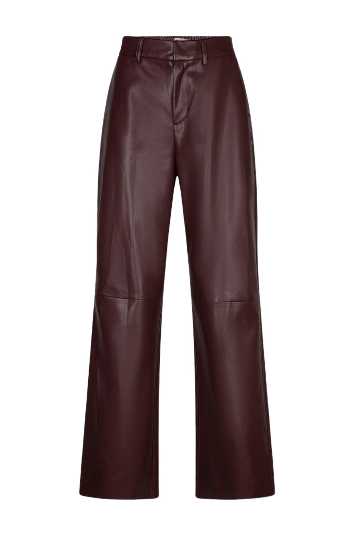 Brede Merlot PU broek van EsQualo, stijlvolle pasvorm en elastisch materiaal, zichtbaar op de afbeelding.