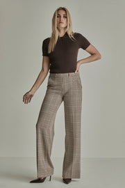 Para Mi Mira elastische geruite broek in camel kleur met L32 maat, zichtbaar met elastische taille en check patroon