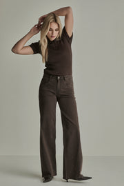 Para Mi broek Mira Sparkle in mocha bruin, rechte pasvorm met glanzende details, L32, modieuze damesbroek.