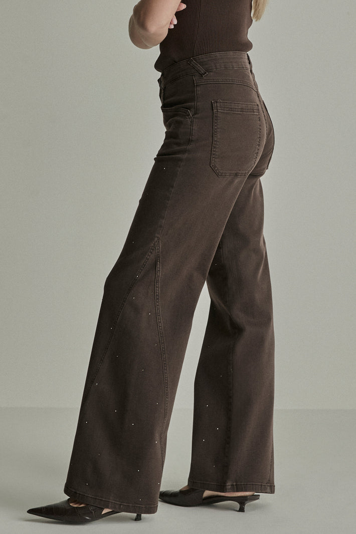 Mooie mocha bruine broek Mira Sparkle van Para Mi, recht model met tailleband en subtiele glans, L32.