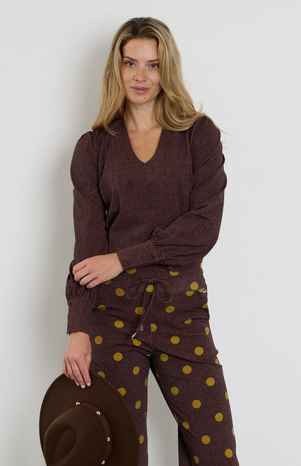 Travel Blouse Puff Sleeves Woven Structure Print Mahogany 202226