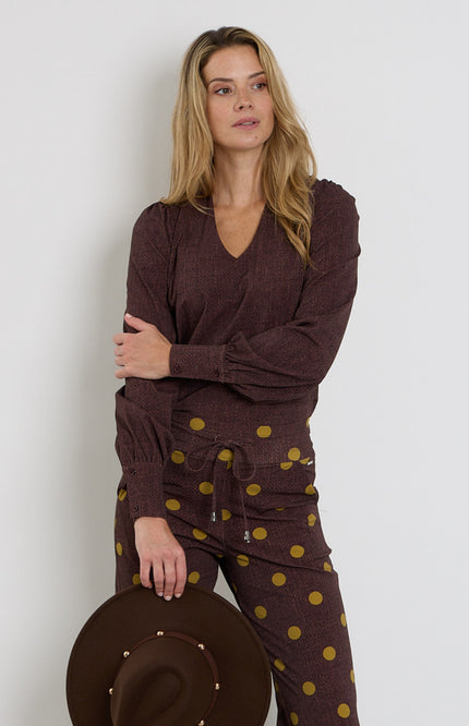 Travel Blouse Puff Sleeves Woven Structure Print Mahogany 202226
