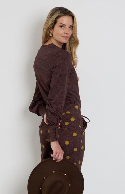 Travel Blouse Puff Sleeves Woven Structure Print Mahogany 202226