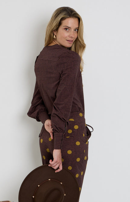 Travel Blouse Puff Sleeves Woven Structure Print Mahogany 202226