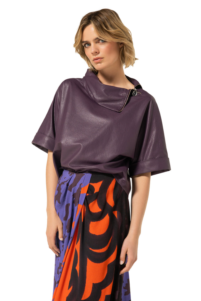 Blouse Vegan Leather Rits Plum 4609-45