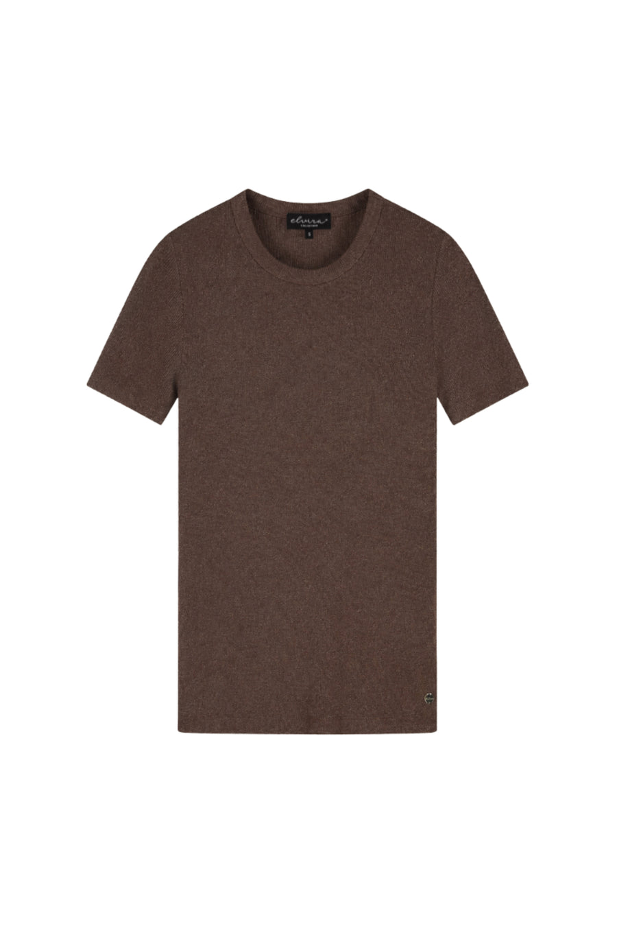 Elvira Casuals Virelora Mocha top met ronde hals en korte mouwen, casual stijl, in een zachte mocha kleur.