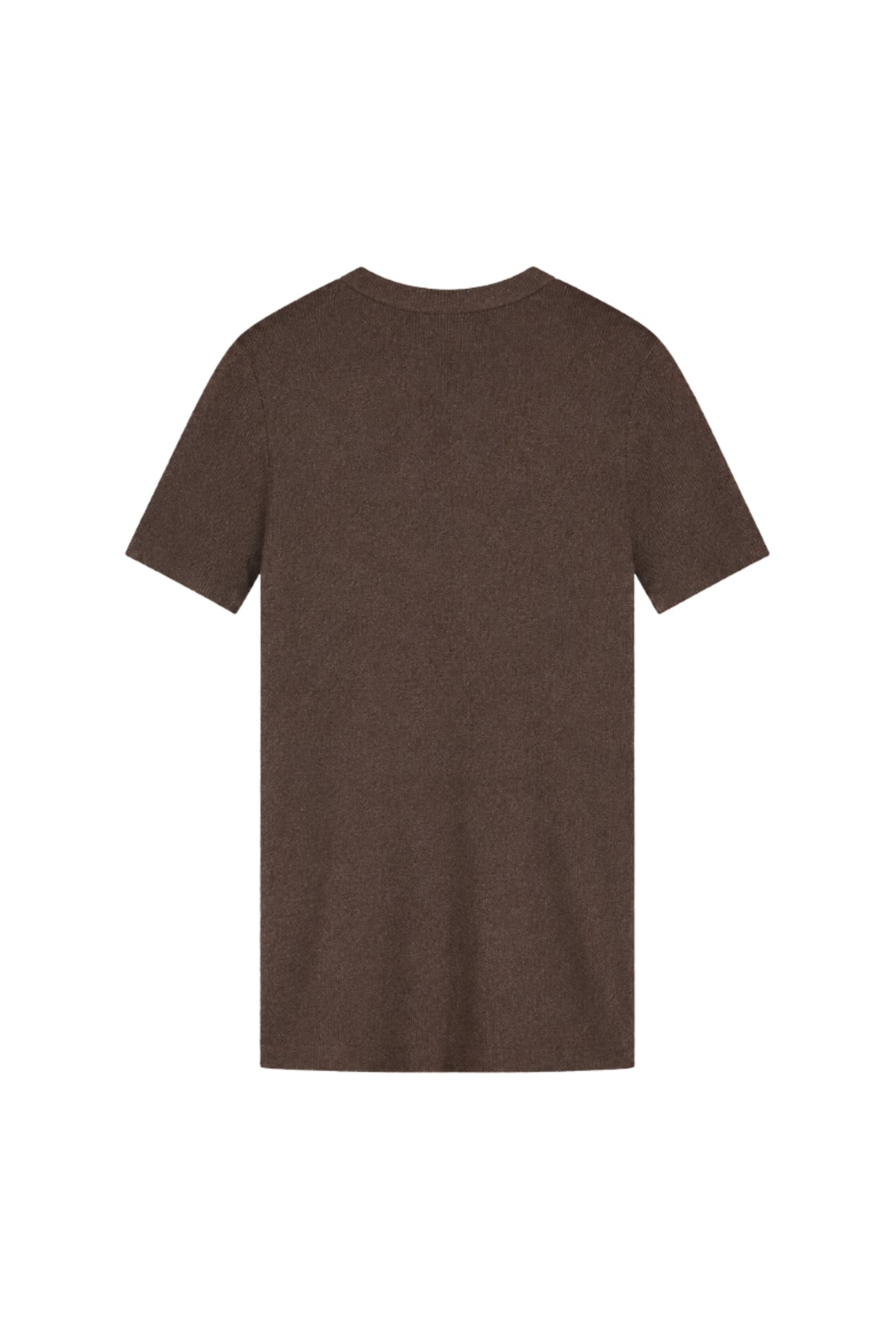 Elvira Casuals Virelora Mocha top in lichtbruin met ronde hals en korte mouwen, gedragen door een model.