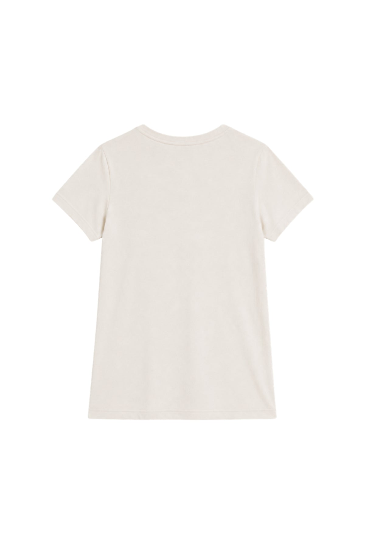 Ecru T-shirt van Elvira Casuals met korte mouwen en ronde hals, casual stijl, gedragen door een model.