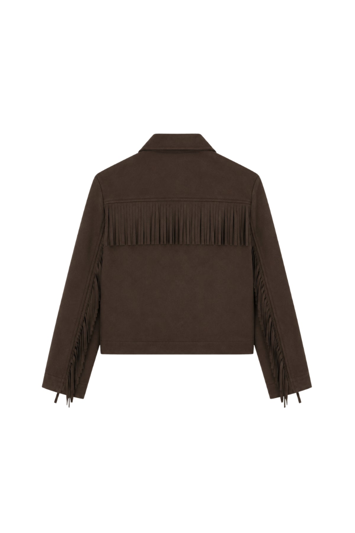 Donkere suède jas Suzy Dark Coffee van Elvira Casuals, getoond met open vooraan en stijlvolle pasvorm.