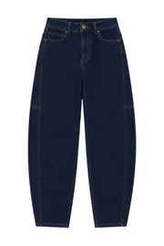 Donkerblauwe Davi Nightfall denim broek van Elvira Casuals, casual pasvorm, zichtbaar op mannequin.