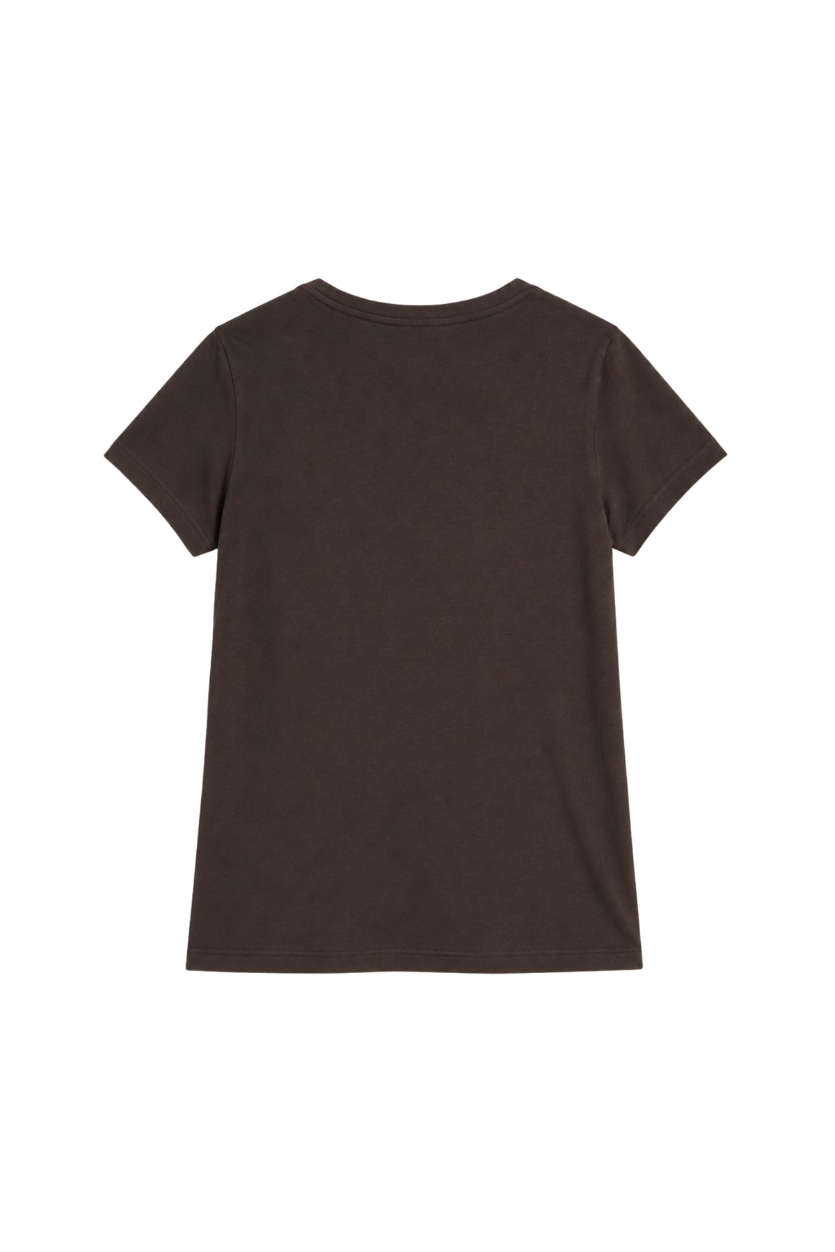 Donkerbruine T-shirt Bailey van Elvira Casuals, casual ontwerp, zichtbaar op model met ronde hals en korte mouwen.