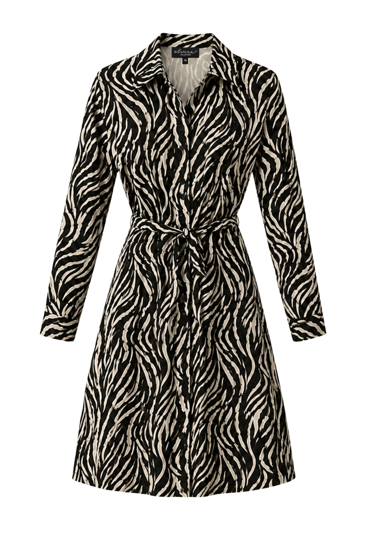 Elvira Casuals jurk June in bruin zebra print, vloeiend model met lange mouwen en ronde hals, ideaal voor casual gelegenheden.
