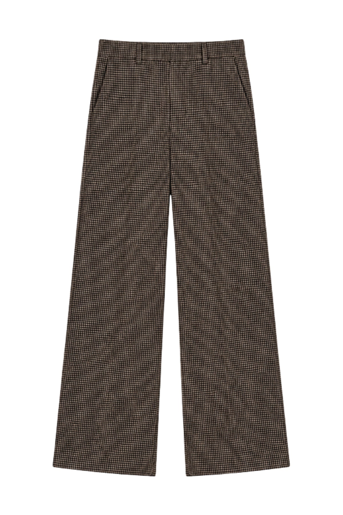 Donkere koffiebruine Kaylee broek van Elvira Casuals met ruitpatroon, getoond in een modieuze pasvorm.