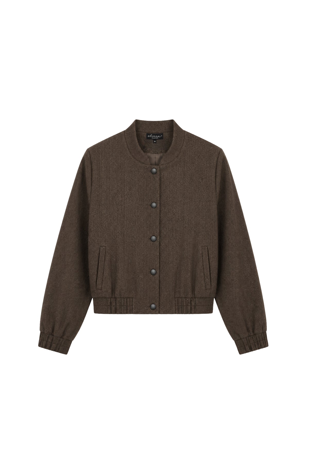 Elvira Casuals bomber Riley Dark Coffee Zigzag jas met geometrisch zigzag patroon en casual pasvorm.