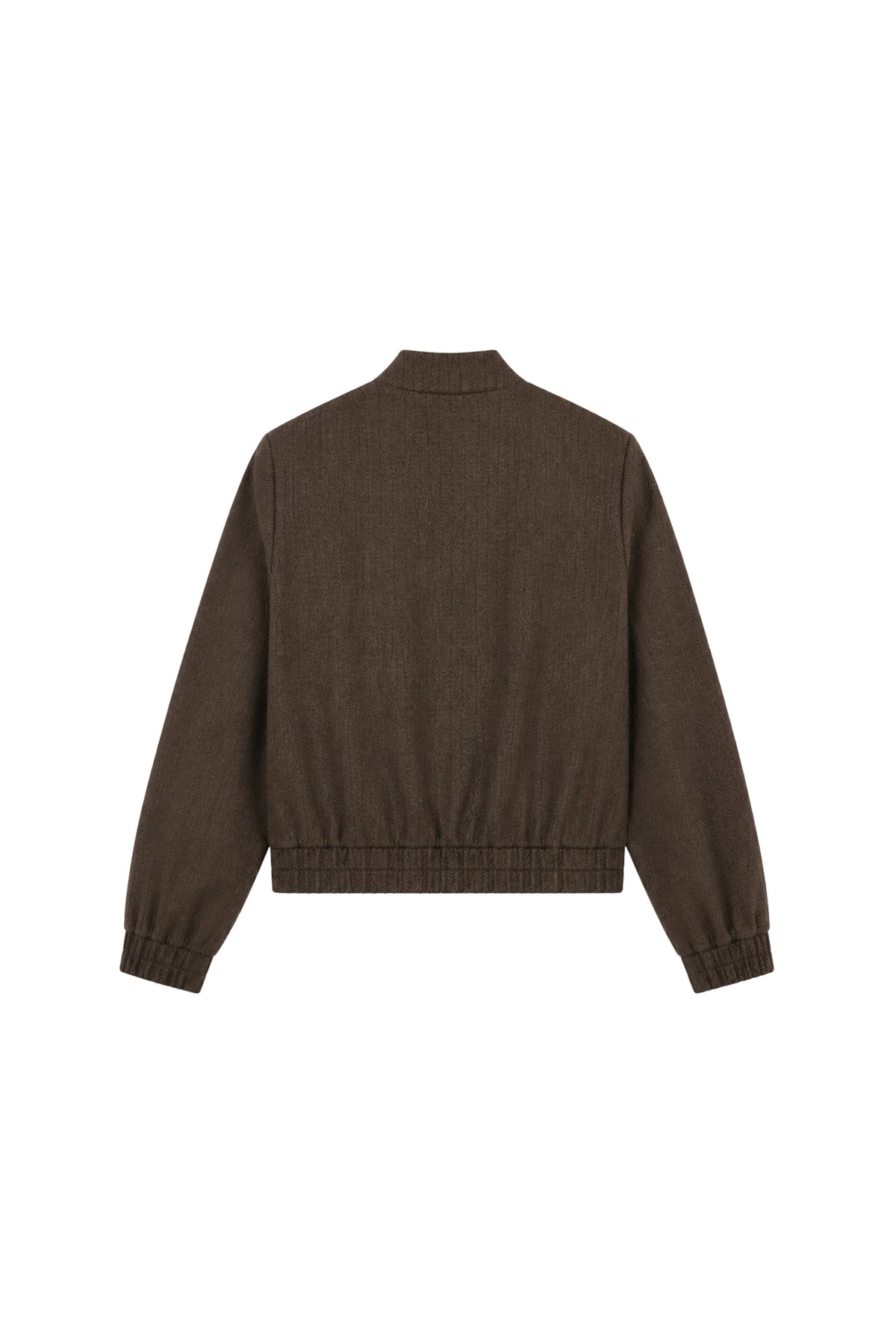Elvira Casuals Riley Dark Coffee zigzag bomberjack met ritssluiting en ribboorden, close-up van de rug en mouwen.