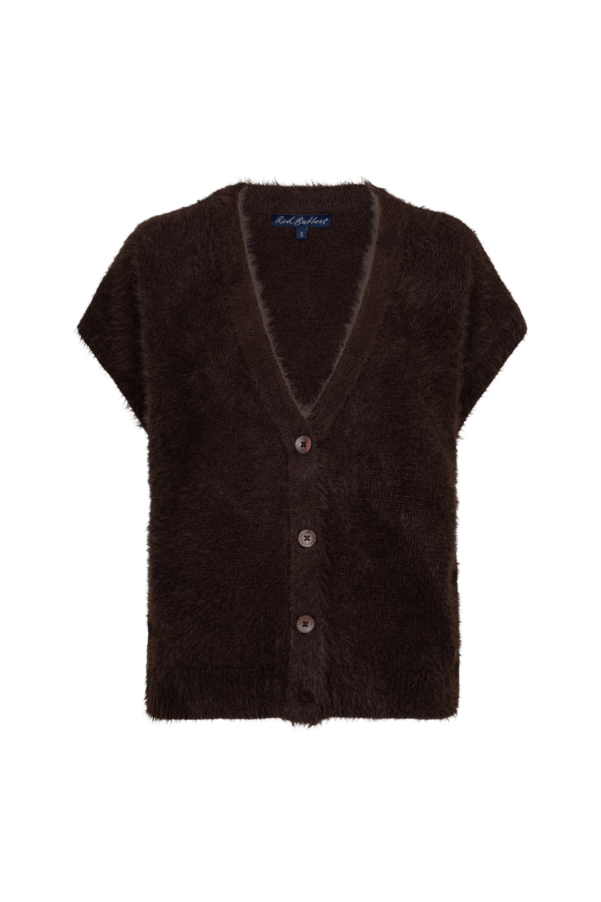Zwarte mouwloze fuzzy top van Red Button in espresso kleur, zachte textuur en casual stijl, zichtbaar op de afbeelding.