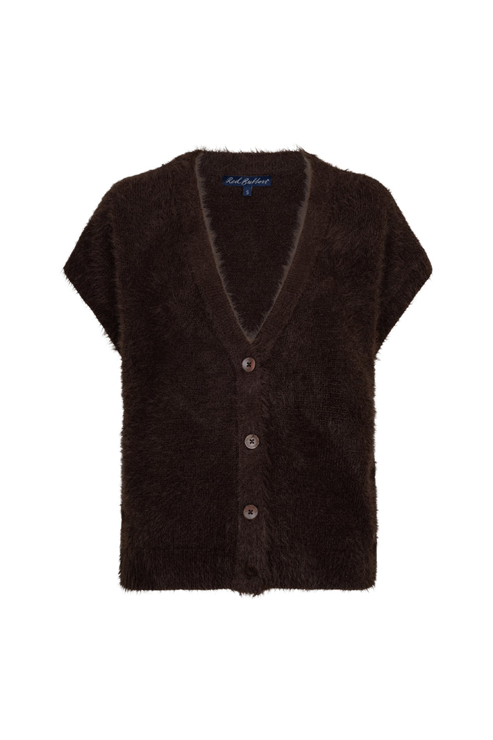 Zwarte mouwloze fuzzy top van Red Button in espresso kleur, zachte textuur en casual stijl, zichtbaar op de afbeelding.