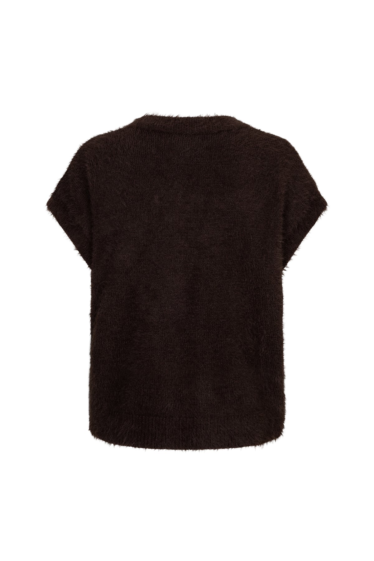 Zwart, mouwloos fuzzy top van Red Button met espresso-kleur, zachte textuur en modern design, geschikt voor casual of stijlvolle looks.