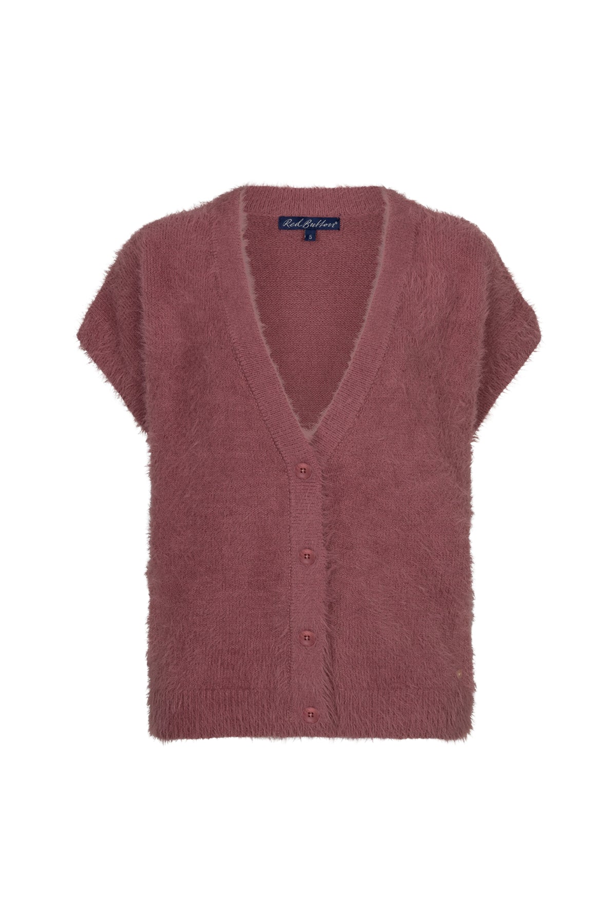 Zwart mouwloos fuzzy top van Red Button in mauve kleur, close-up van de zachte, warme stoffen en stijlvolle pasvorm.