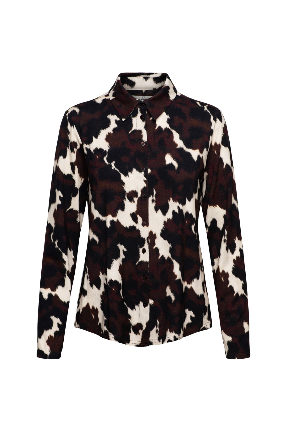 Zwarte en multi-kleurige blouse Lotte Cow van &Co woman, met losse pasvorm en modieuze details, gedragen door een model.